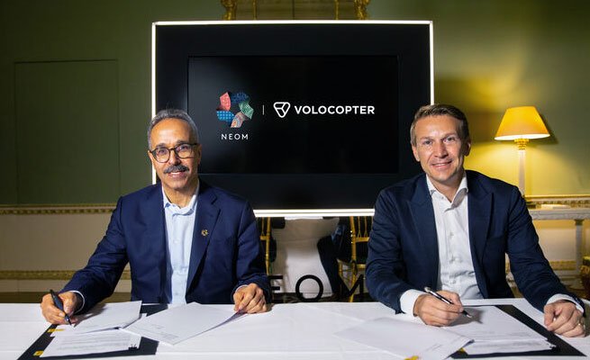 Nadhmi Al-Nasr, CEO at NEOM and Christian Bauer, CCO at Volocopter signs joint venture agreement